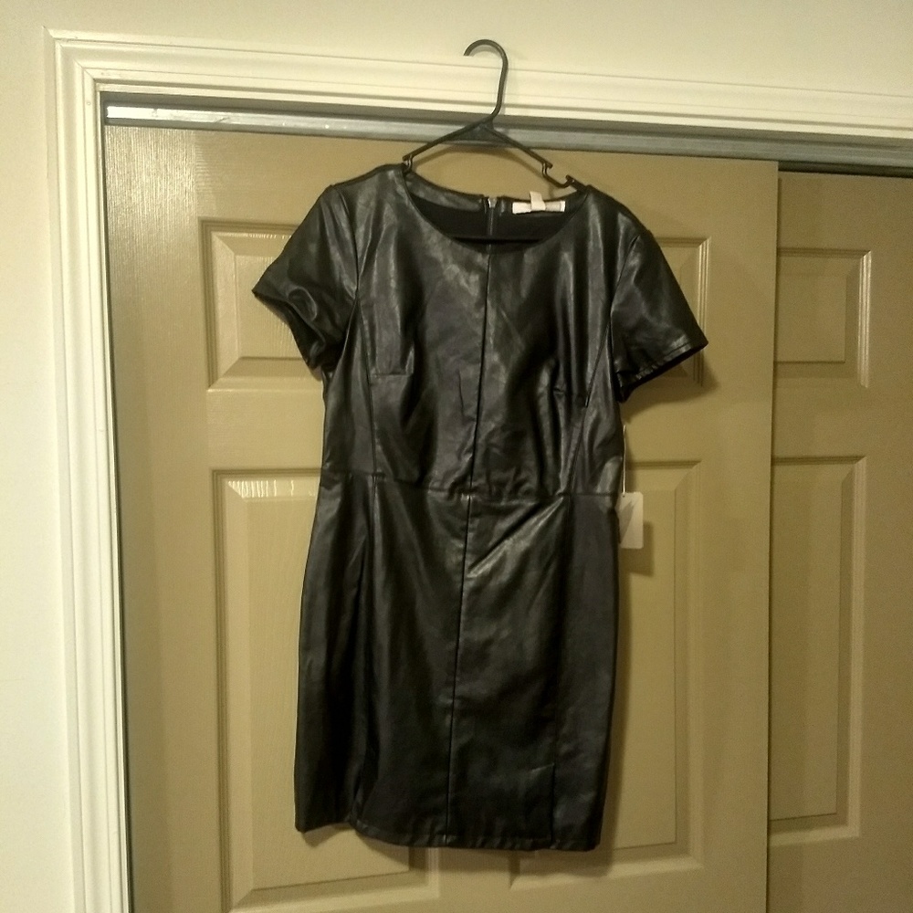 Black faux leather shift dress